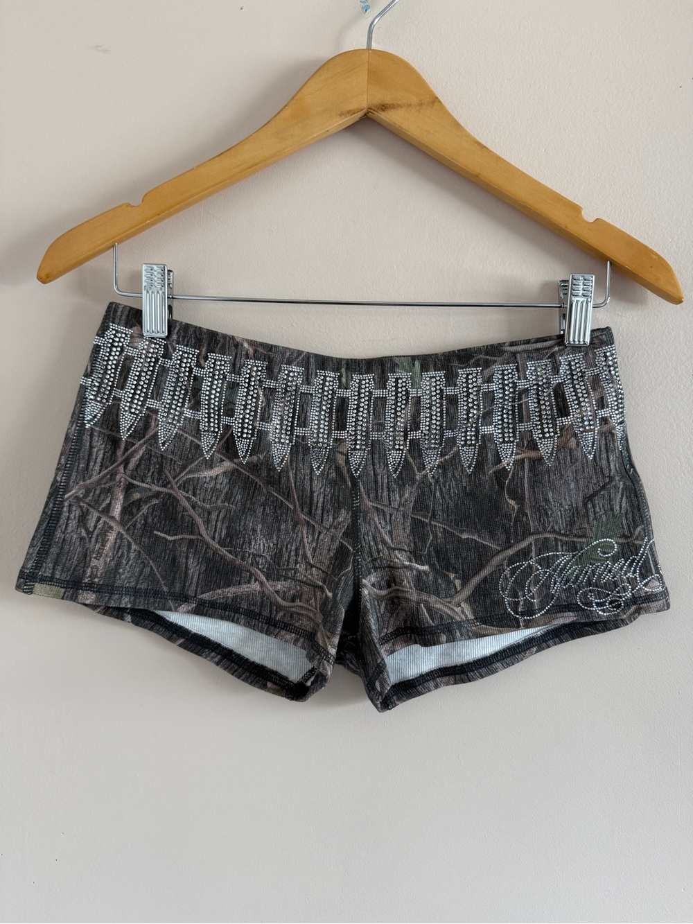 Camo Rhinestone Accent Shorts - Brown/Gray
